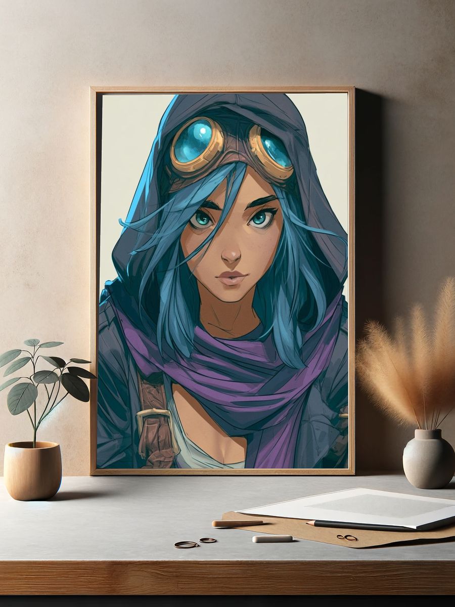 Blue-Haired Adventurer Illustration Poster. — room view 2