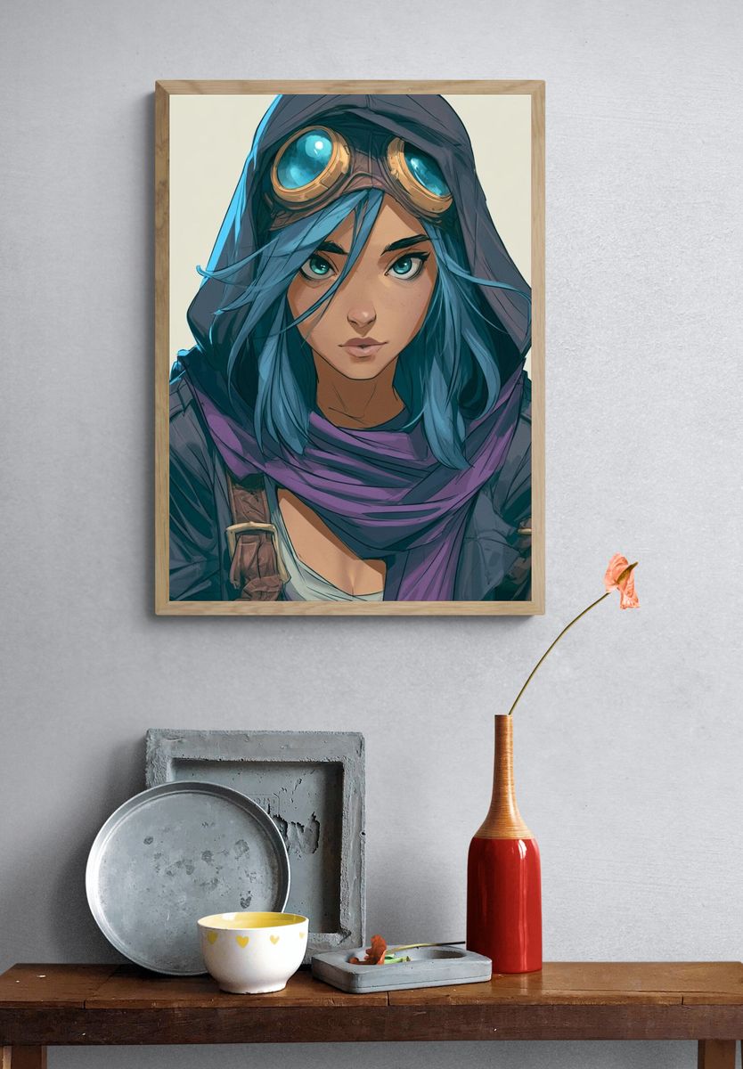 Blue-Haired Adventurer Illustration Poster. — room view 3