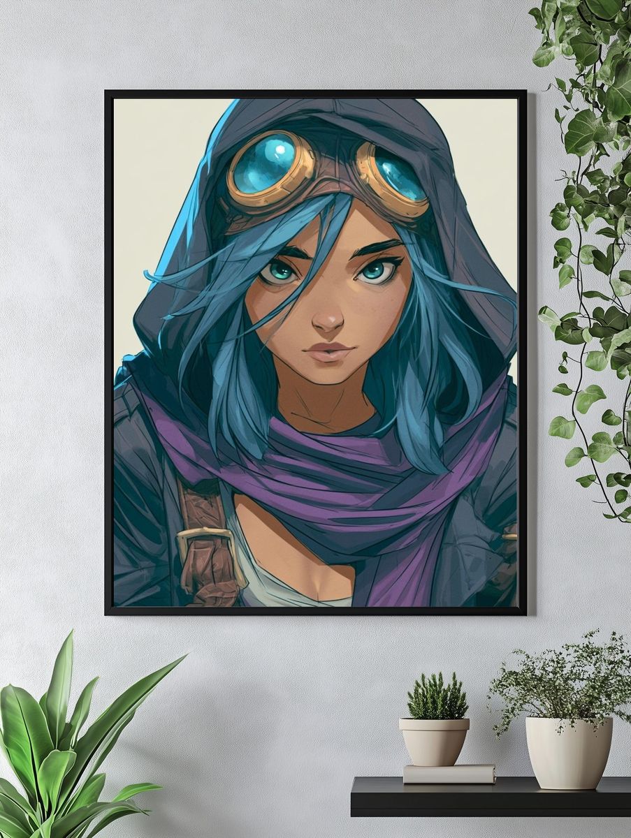 Blue-Haired Adventurer Illustration Poster. — room view 4