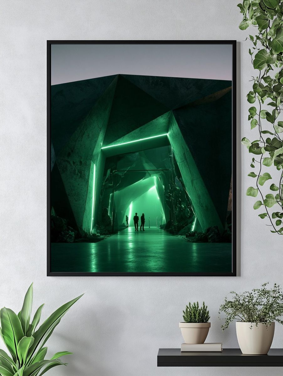 Neon Green Futuristic Tunnel Poster. — room view 4
