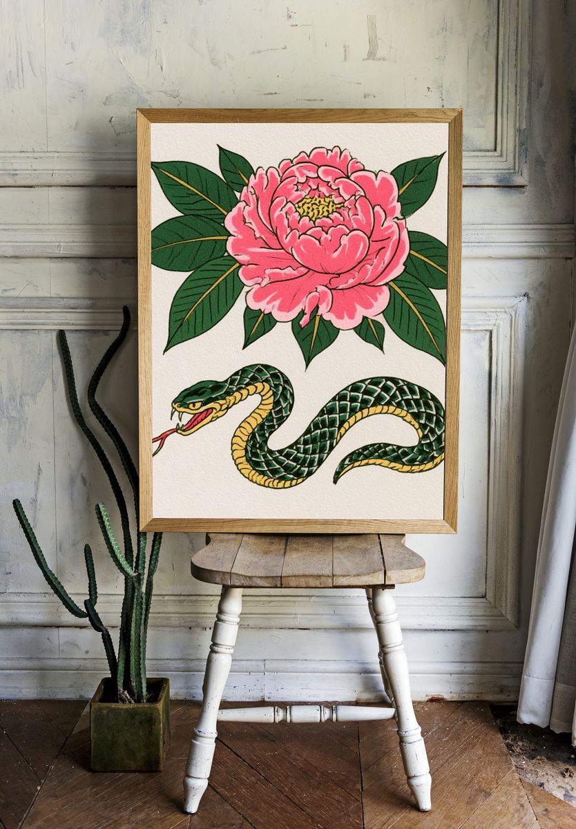 Snake and Peony Illustration Poster. — room view 1