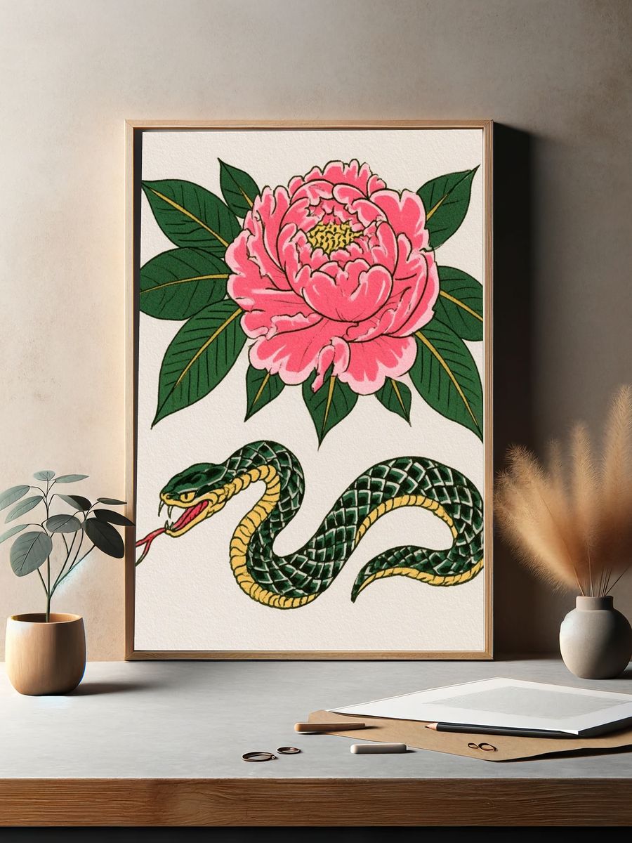 Snake and Peony Illustration Poster. — room view 2