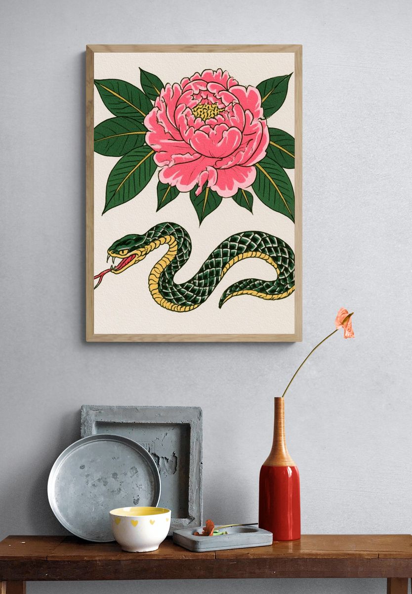 Snake and Peony Illustration Poster. — room view 3