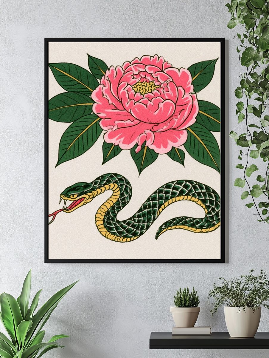 Snake and Peony Illustration Poster. — room view 4