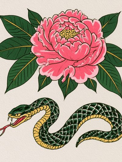 Snake and Peony Illustration Poster. poster