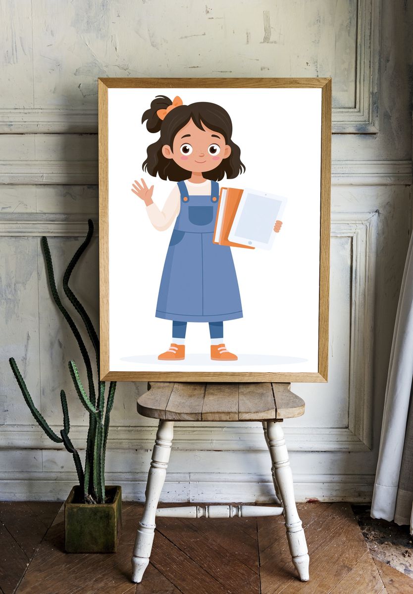 Girl with Tablet Illustration Poster. — room view 1
