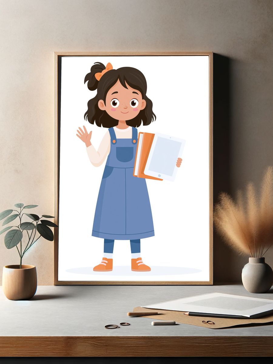 Girl with Tablet Illustration Poster. — room view 2