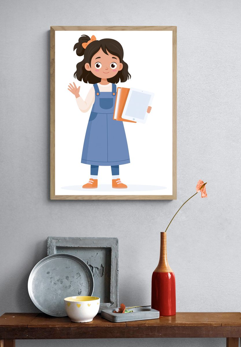 Girl with Tablet Illustration Poster. — room view 3