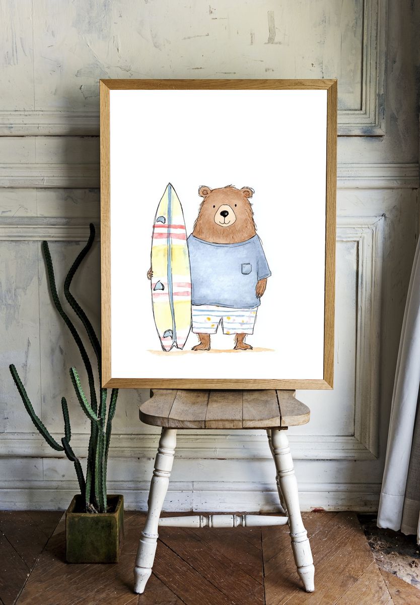 Surfing Bear Watercolor Print. room preview