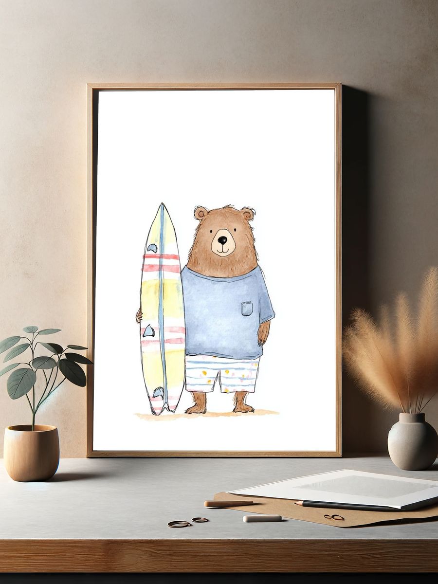 Surfing Bear Watercolor Print. — room view 2