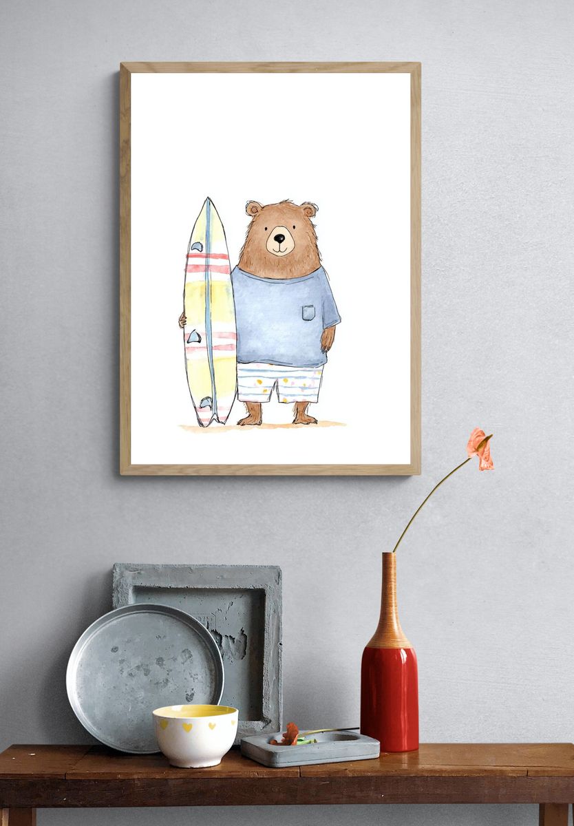 Surfing Bear Watercolor Print. — room view 3