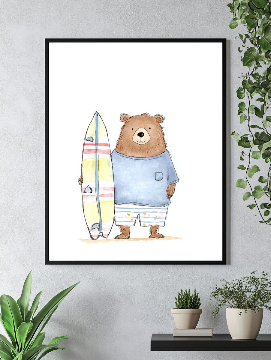 Surfing Bear Watercolor Print. — room view 4