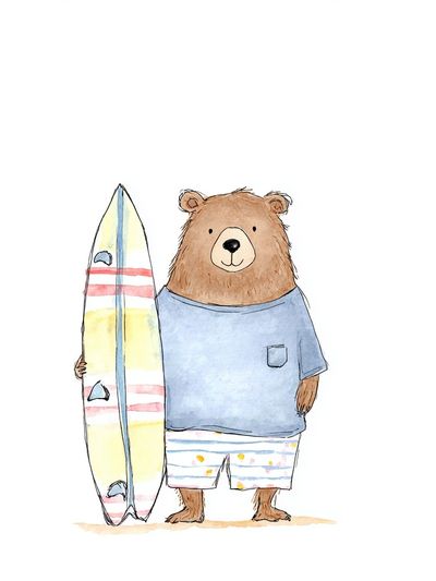 Surfing Bear Watercolor Print. poster