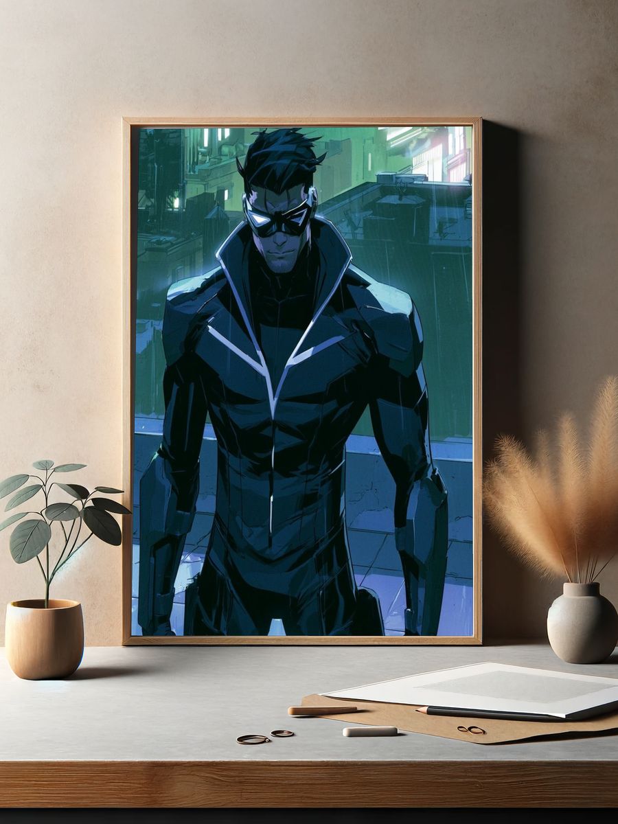 Masked Cyberpunk Hero Illustration Poster. — room view 2