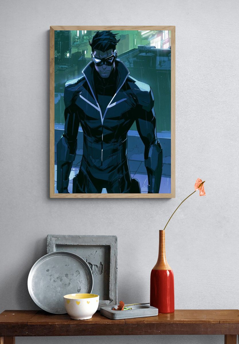 Masked Cyberpunk Hero Illustration Poster. — room view 3