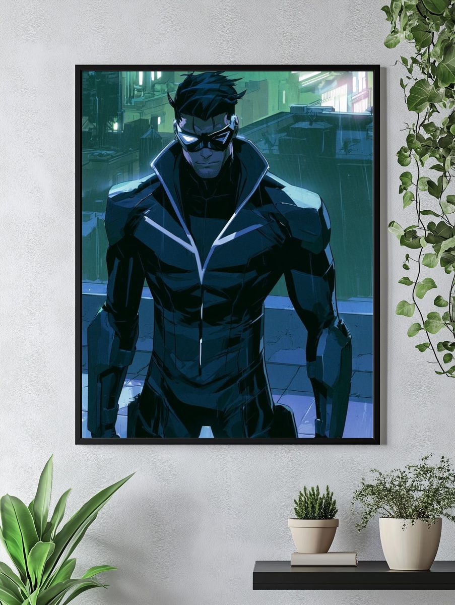 Masked Cyberpunk Hero Illustration Poster. — room view 4