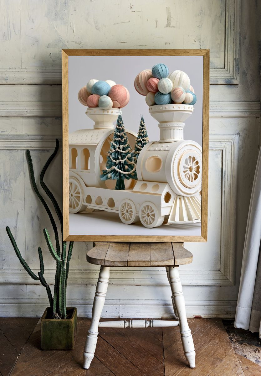 Whimsical Paper Train Illustration Poster. — room view 1