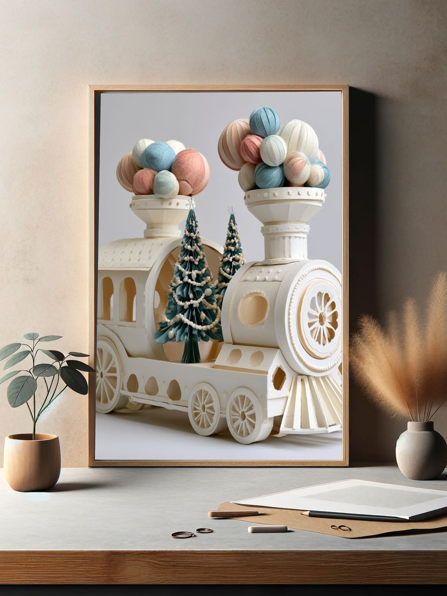 Whimsical Paper Train Illustration Poster. — room view 2