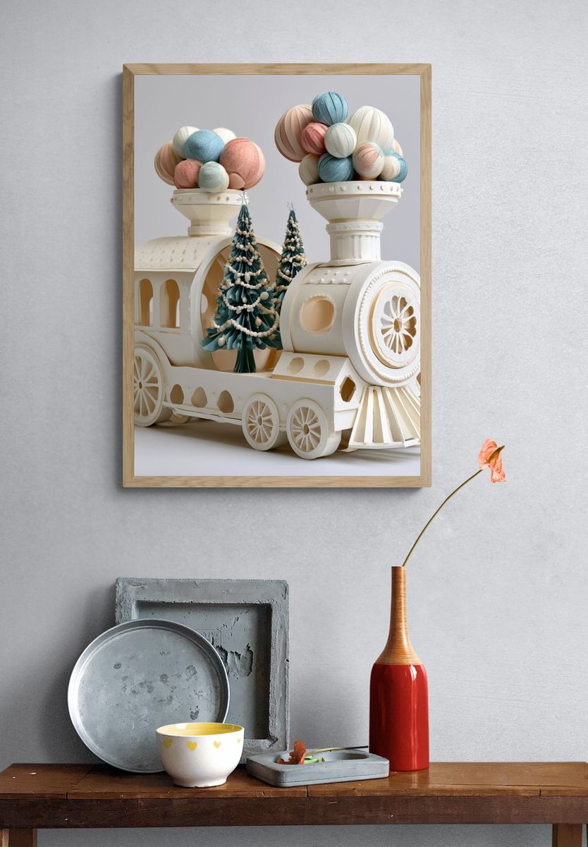 Whimsical Paper Train Illustration Poster. — room view 3