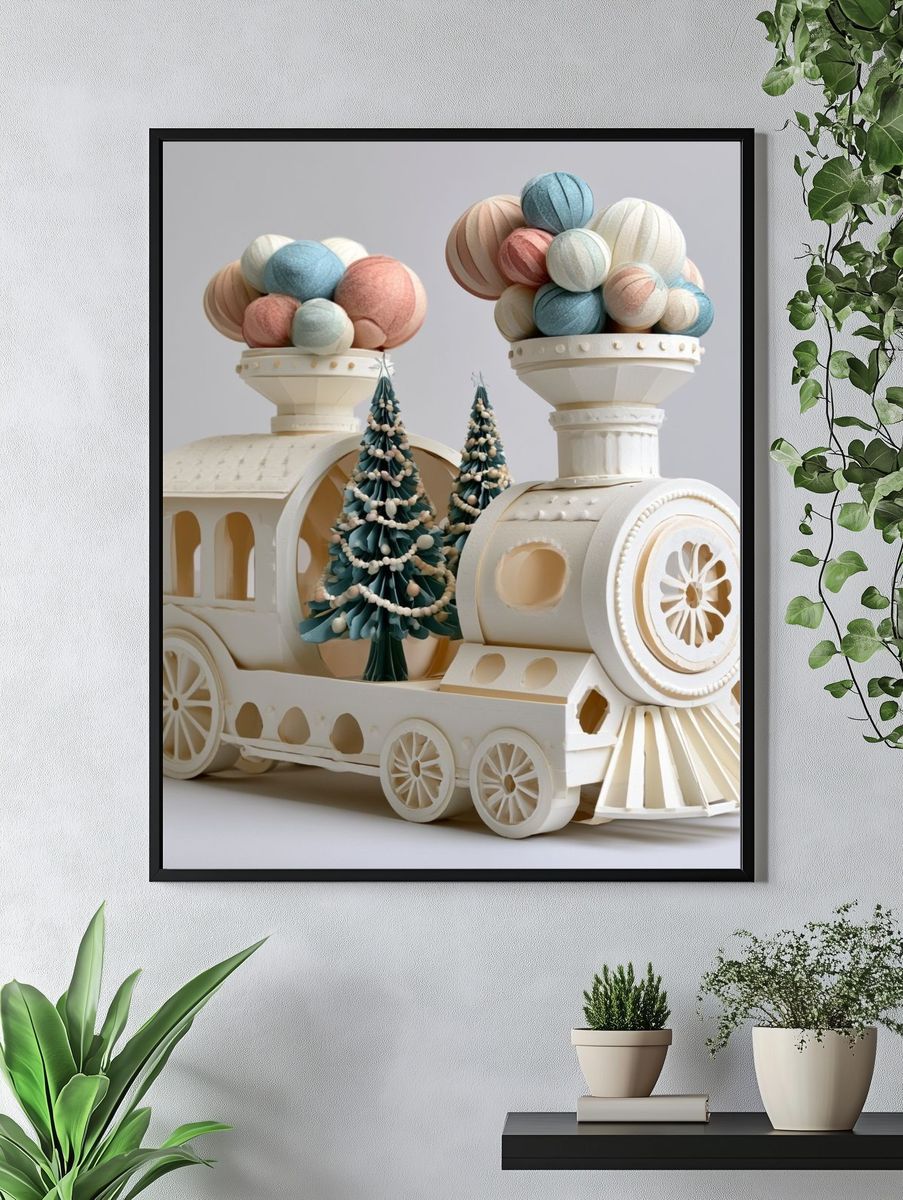 Whimsical Paper Train Illustration Poster. — room view 4