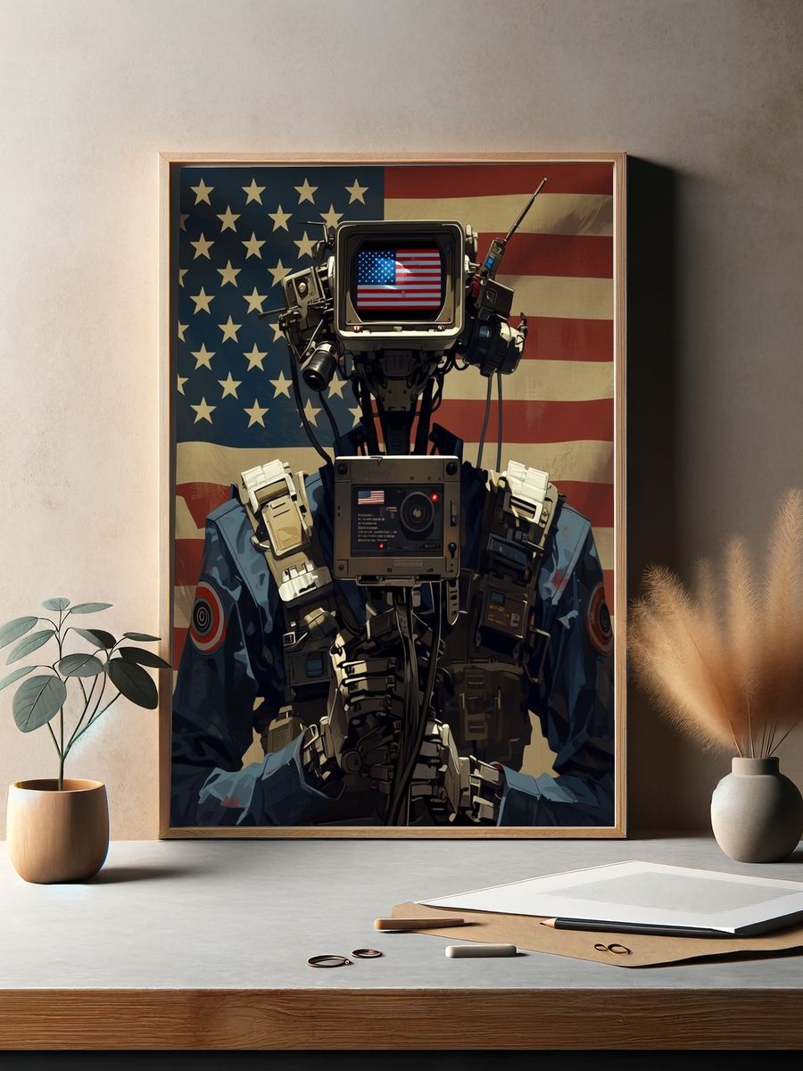 American Robot Soldier Illustration Poster. — room view 2