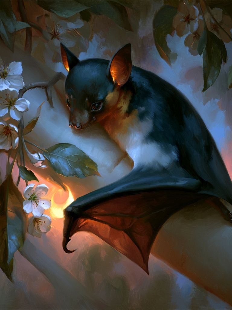 Bat in Blossom Branches Illustration Poster. poster — illustration art