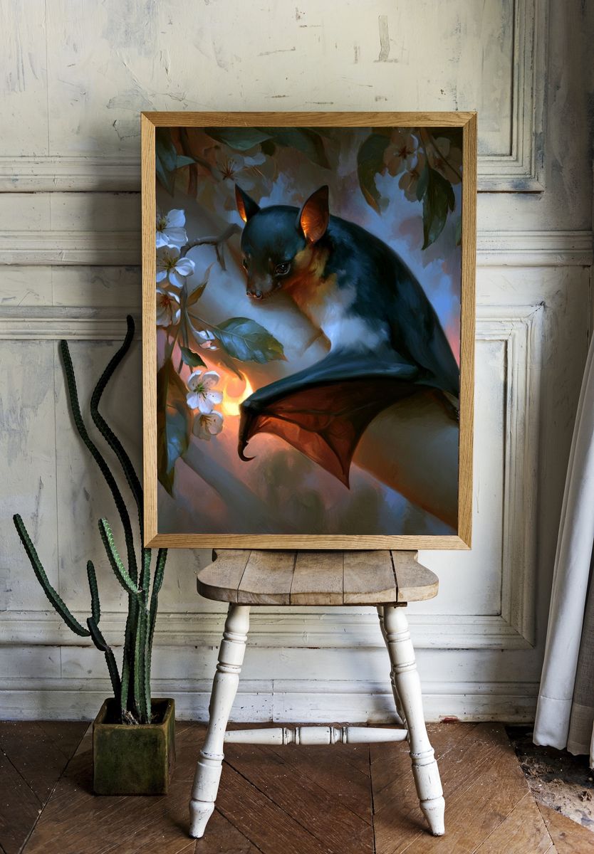 Bat in Blossom Branches Illustration Poster. room preview