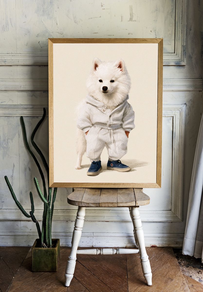 White Dog in Tracksuit Illustration Poster. room preview