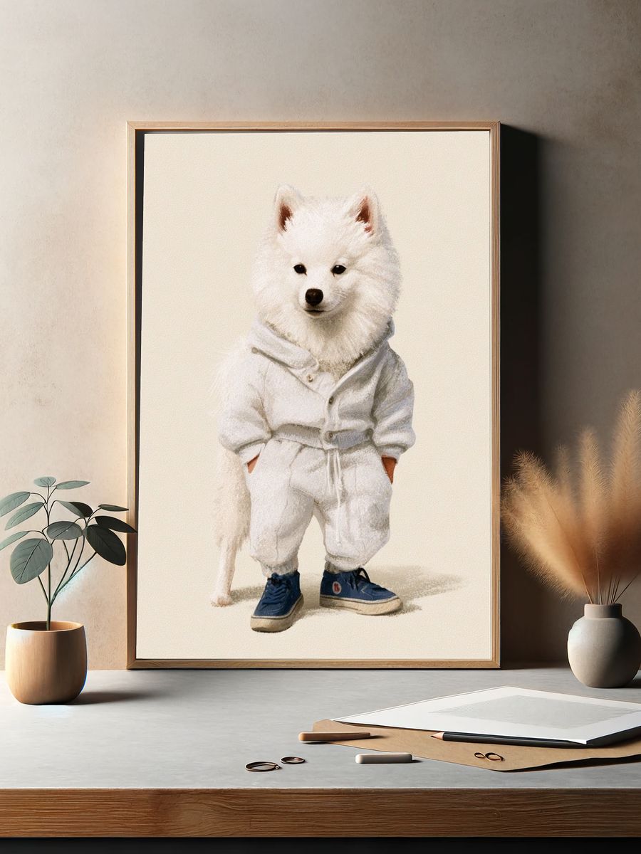 White Dog in Tracksuit Illustration Poster. — room view 2