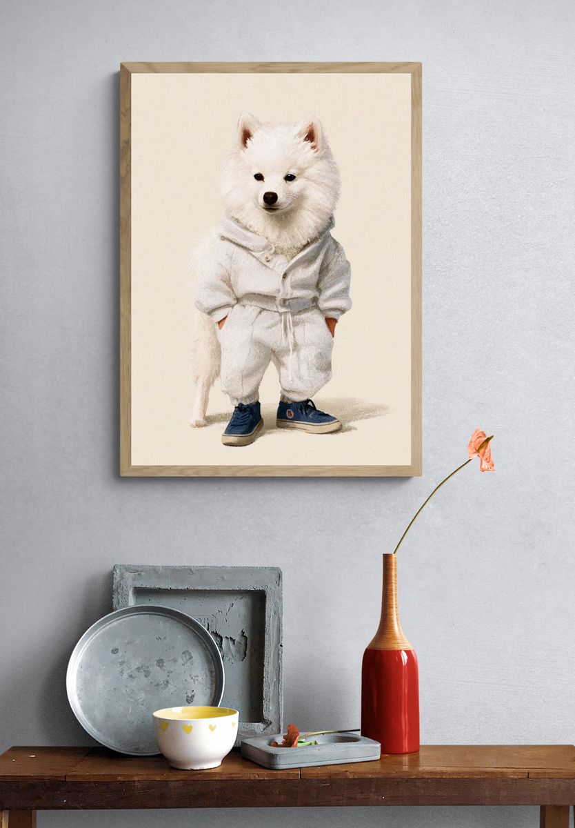 White Dog in Tracksuit Illustration Poster. — room view 3
