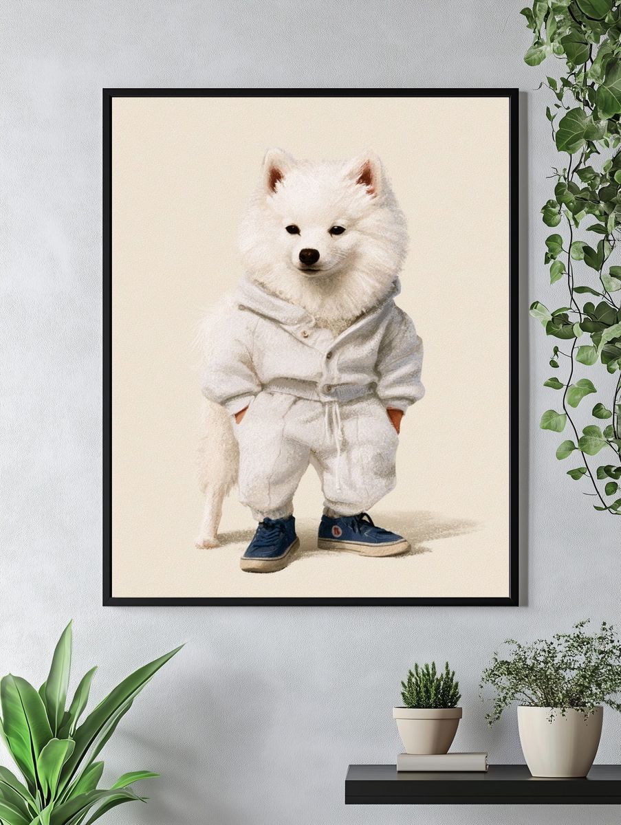 White Dog in Tracksuit Illustration Poster. — room view 4