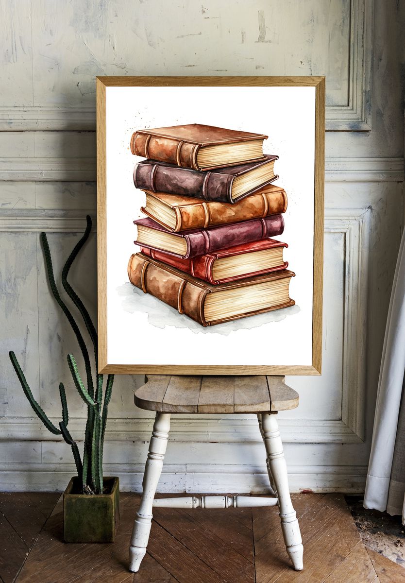 Stacked Books Watercolor Poster. room preview