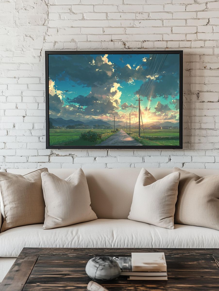 Sunset Rice Fields Illustration Poster. — room view 1