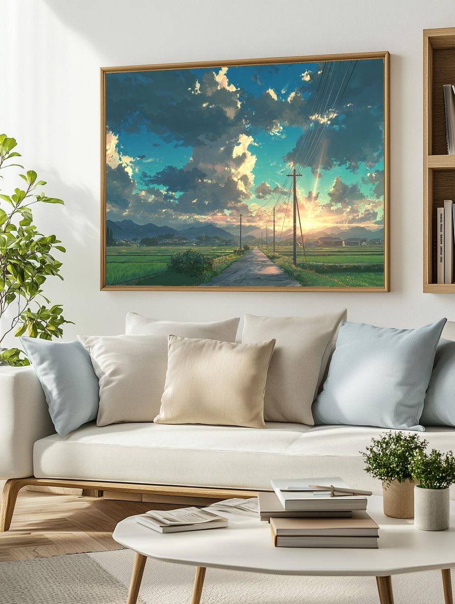 Sunset Rice Fields Illustration Poster. — room view 2