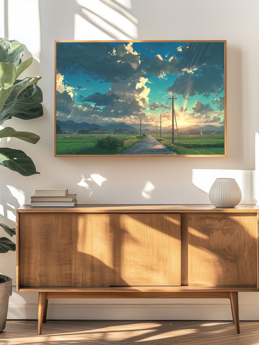 Sunset Rice Fields Illustration Poster. — room view 3