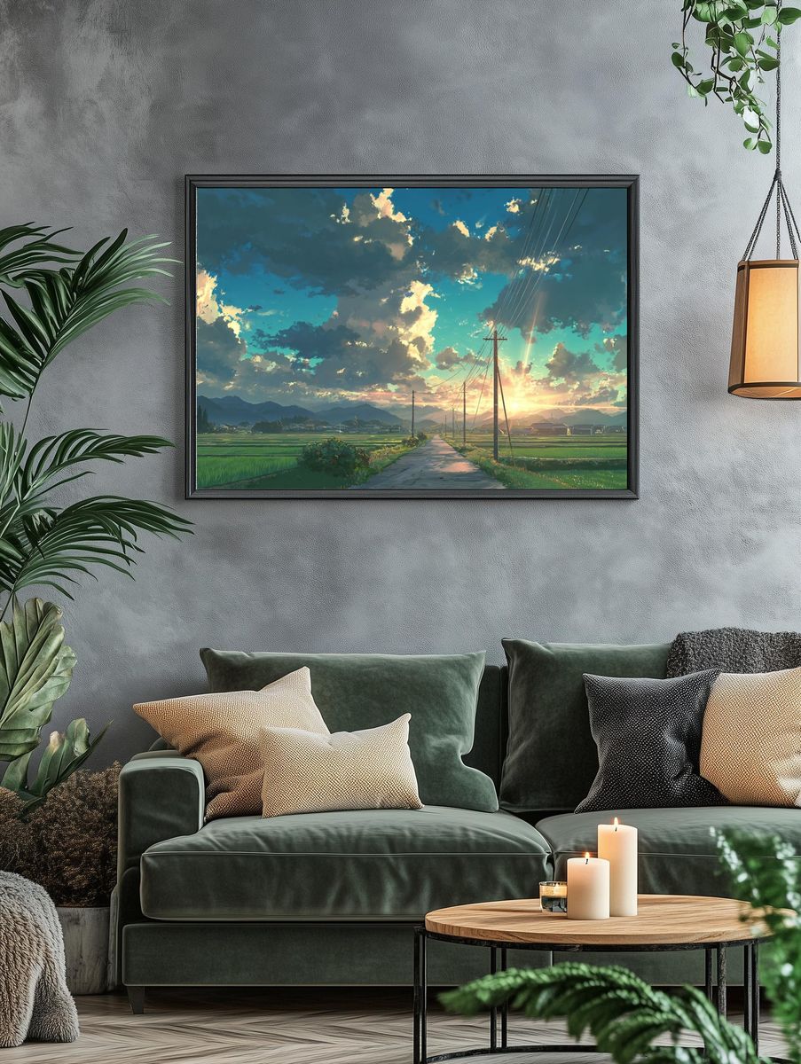 Sunset Rice Fields Illustration Poster. — room view 4