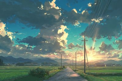 Sunset Rice Fields Illustration Poster. poster