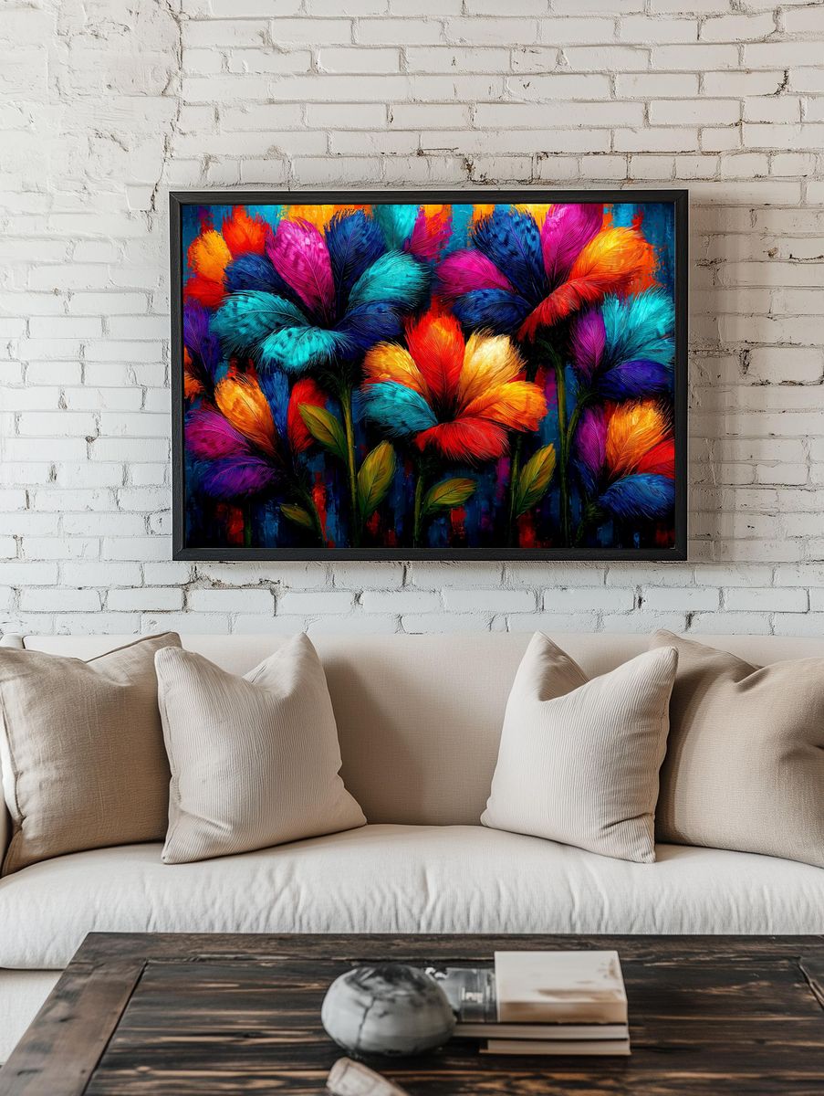 Neon Feather Blooms Illustration Poster. — room view 1