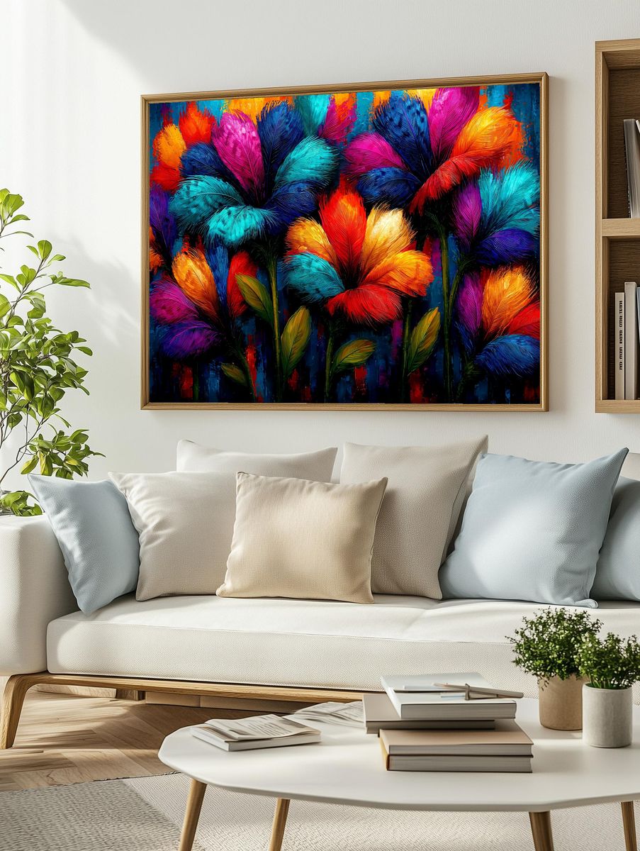 Neon Feather Blooms Illustration Poster. — room view 2