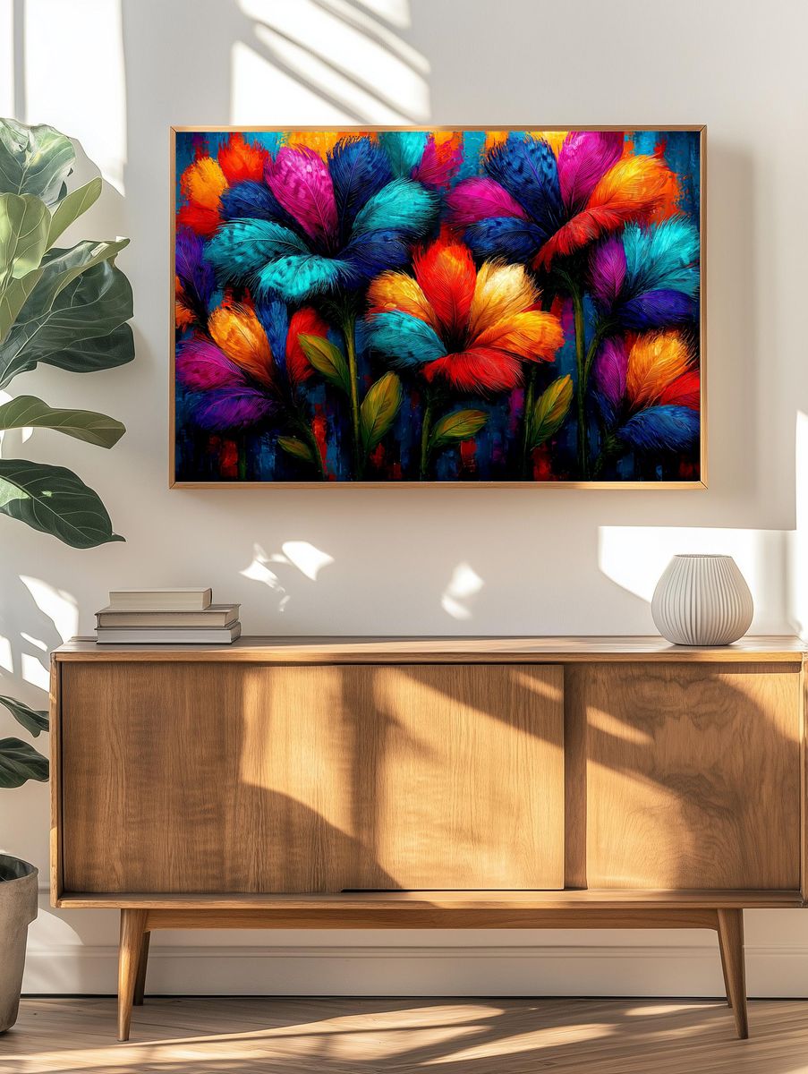 Neon Feather Blooms Illustration Poster. — room view 3