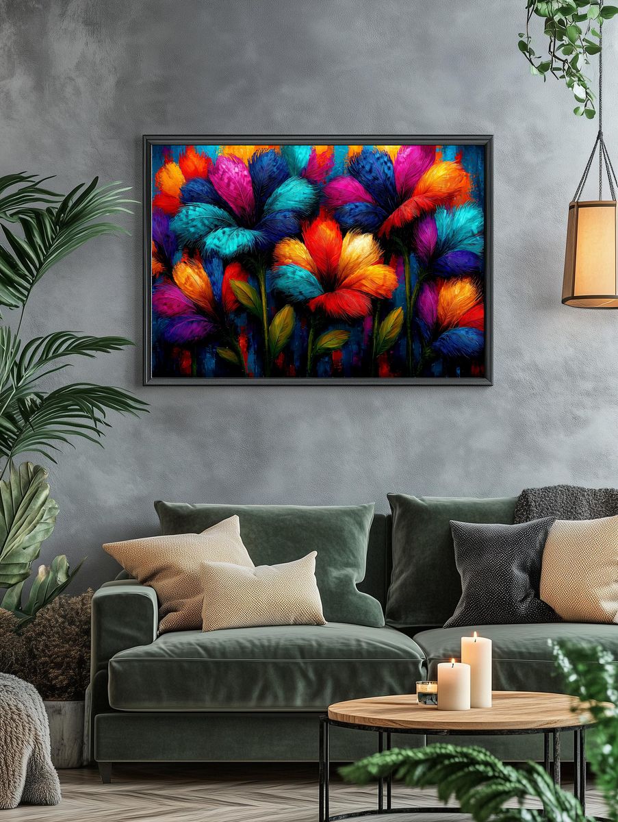 Neon Feather Blooms Illustration Poster. — room view 4