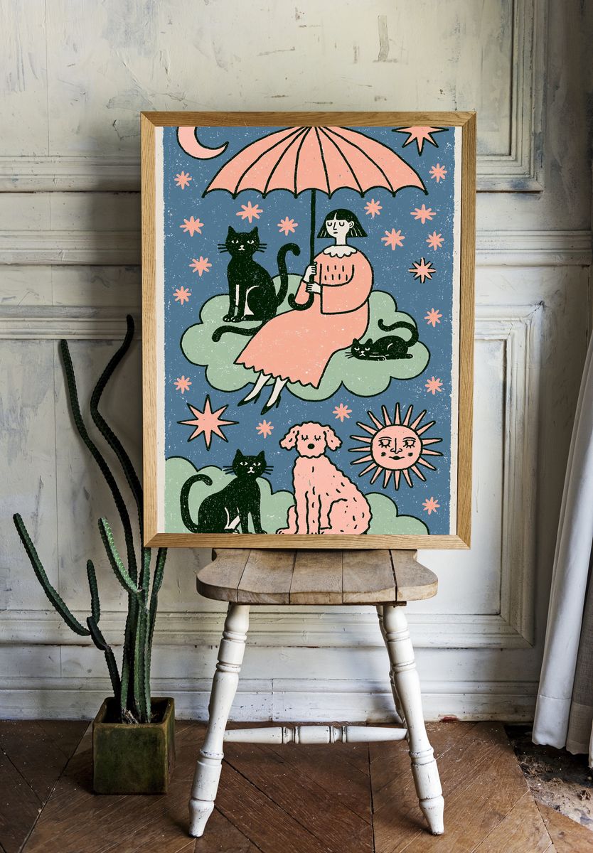 Celestial Cats and Girl Illustration Poster. room preview