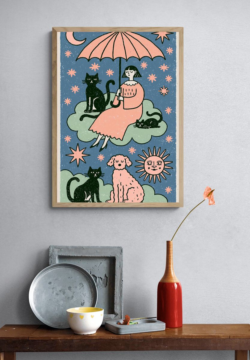 Celestial Cats and Girl Illustration Poster. — room view 3