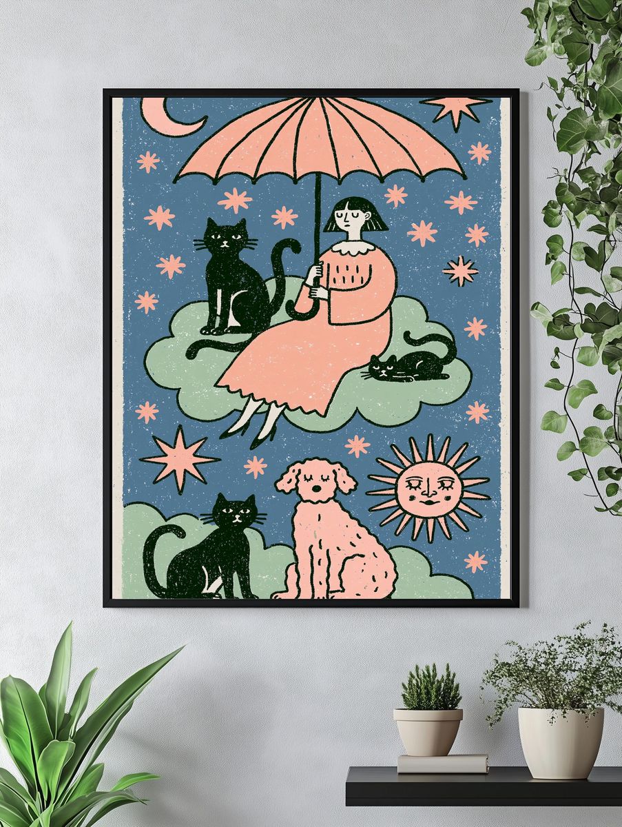 Celestial Cats and Girl Illustration Poster. — room view 4