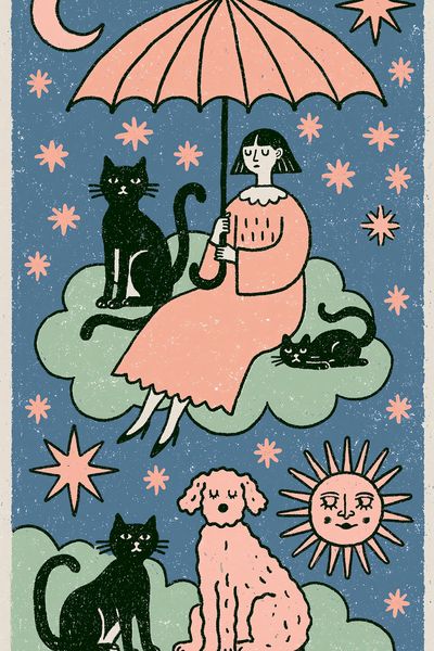 Celestial Cats and Girl Illustration Poster.