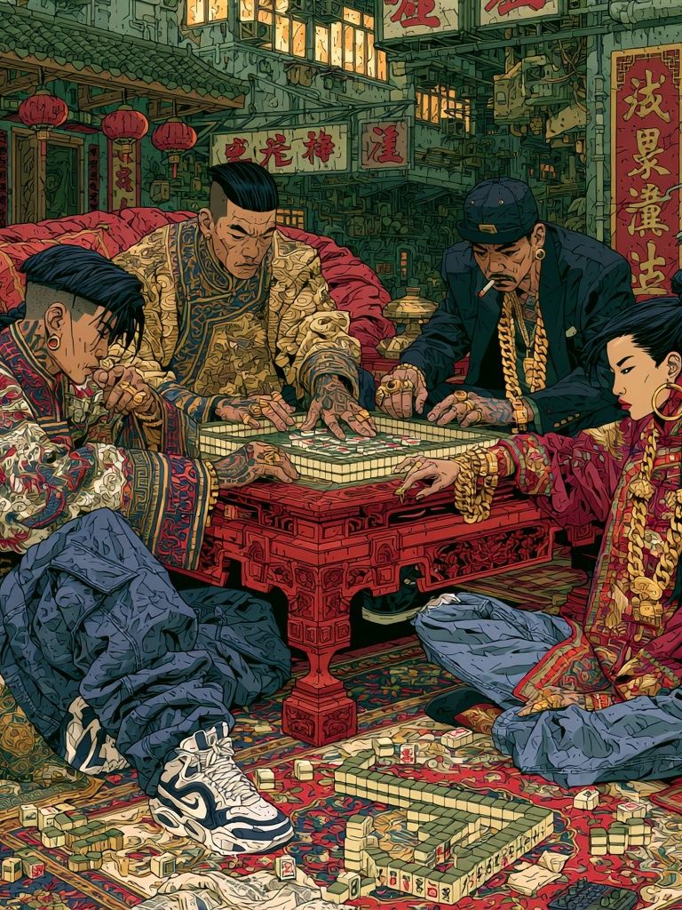 Street Mahjong Scene Illustration Poster. poster — illustration art