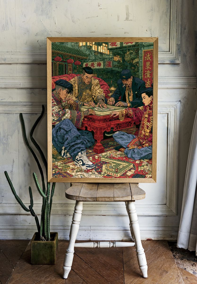 Street Mahjong Scene Illustration Poster. — room view 1