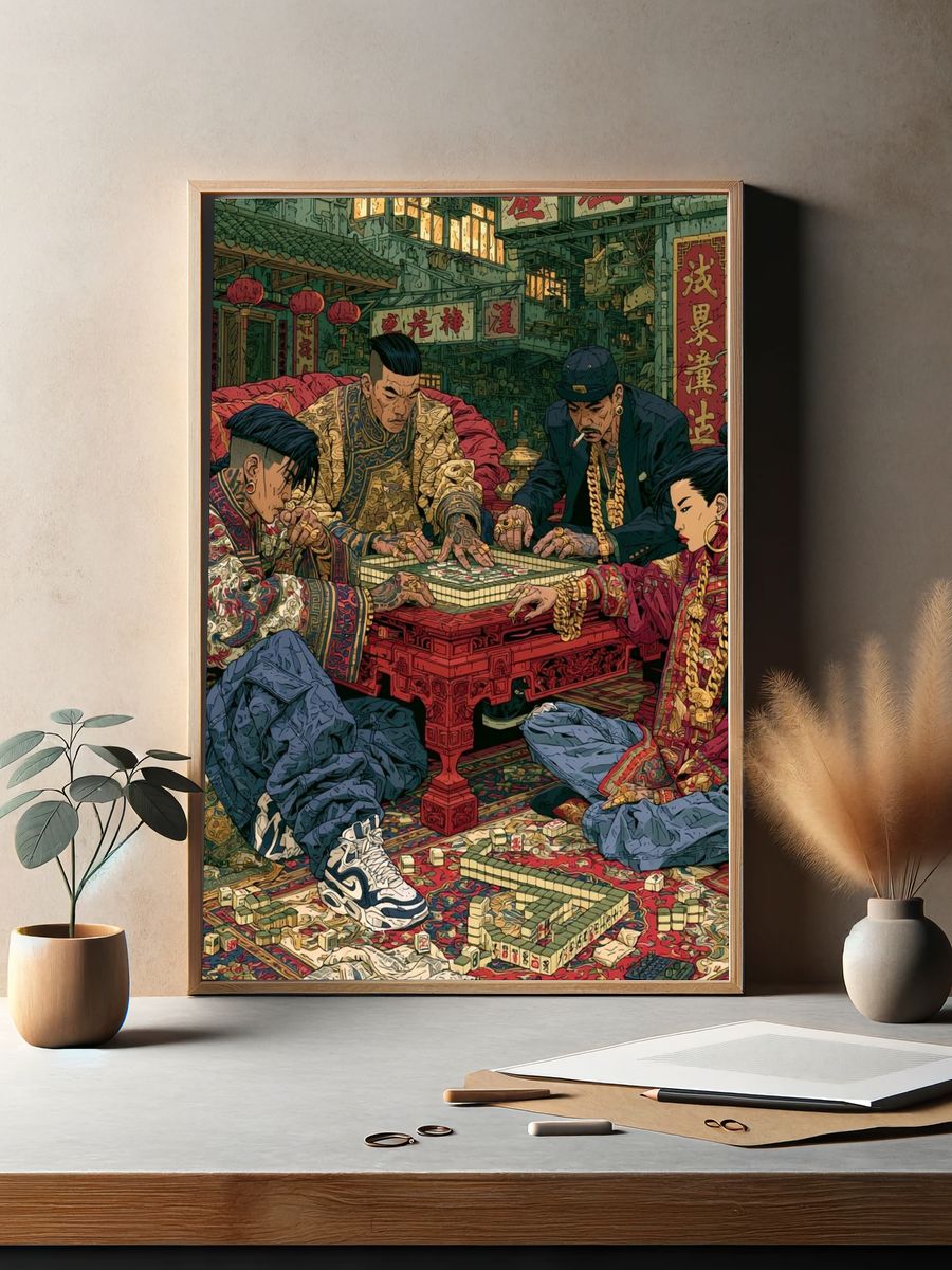 Street Mahjong Scene Illustration Poster. — room view 2