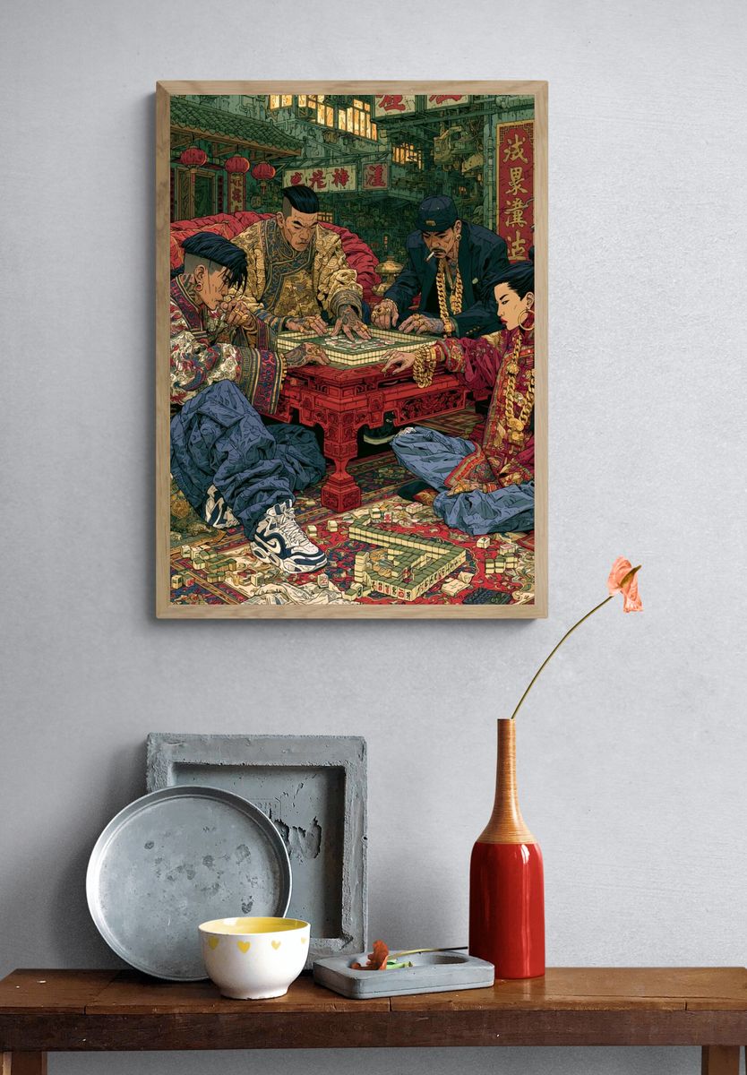 Street Mahjong Scene Illustration Poster. — room view 3