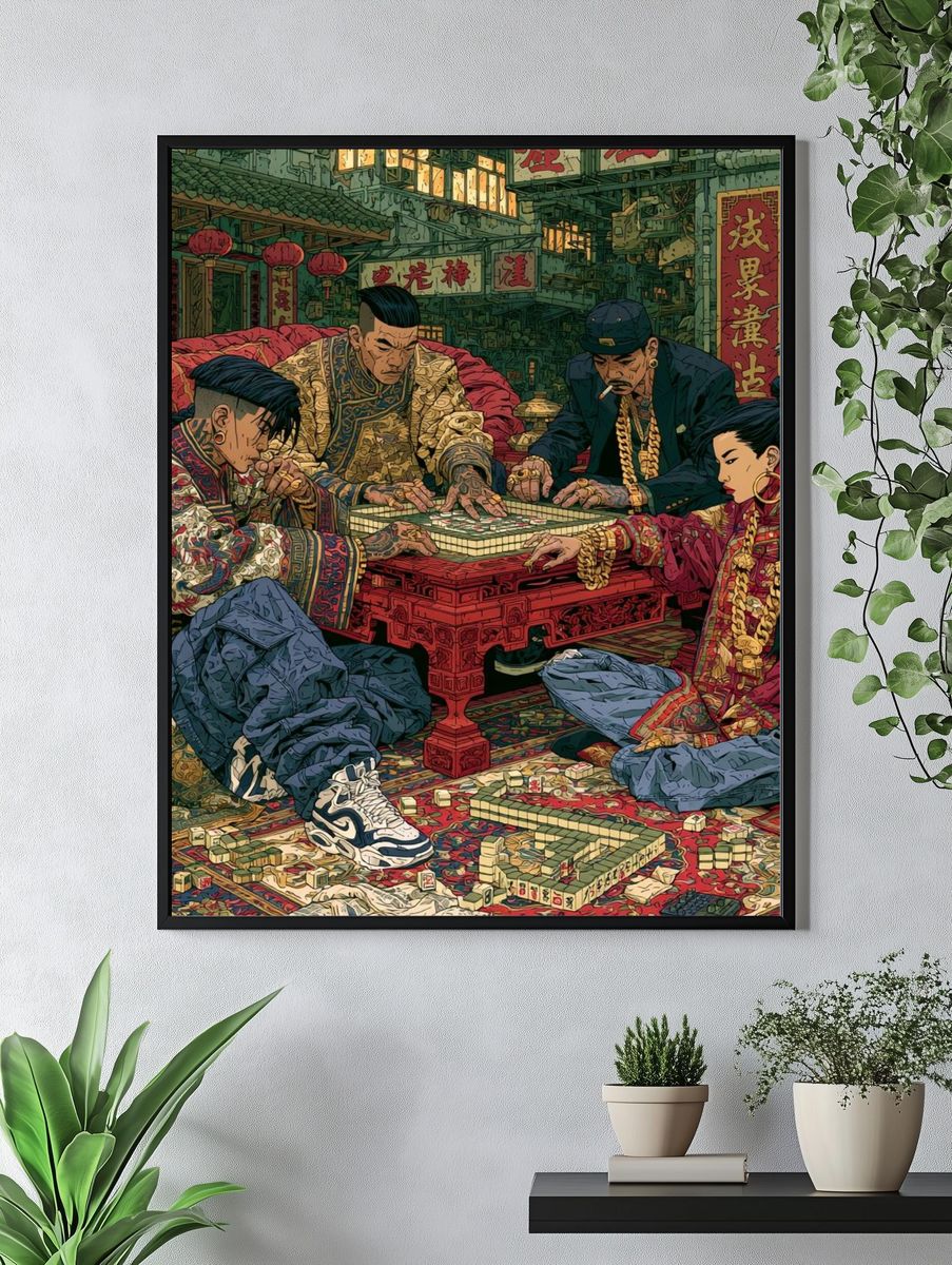 Street Mahjong Scene Illustration Poster. — room view 4